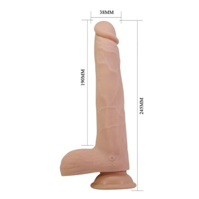 Dildo bege com ventosa e medidas visíveis em fundo branco