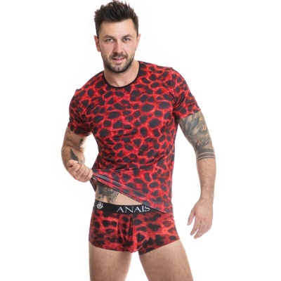 Conjunto de roupa interior vermelha e preta com padrão de manchas e cintura elástica preta com texto ANAÏS.