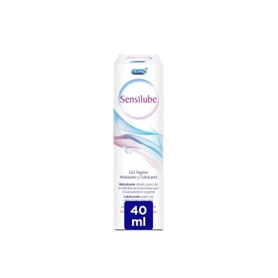 Embalagem de gel vaginal Sensilube da Durex, caixa branca com detalhes em azul e rosa e texto em espanhol e português.