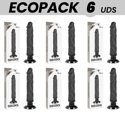 Seis vibradores pretos com base de ventosa em embalagem branca com texto BASE COCK e 20 CM