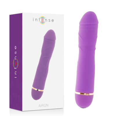 Vibrador roxo com anel dourado e embalagem com texto intense AIRTON
