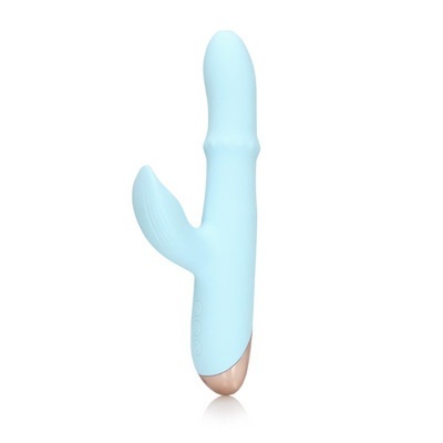 Vibrador azul claro com detalhe dourado e estimulador adicional curvado