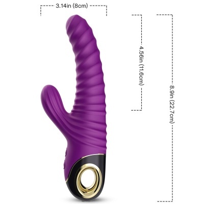 Vibrador roxo com textura ondulada e base preta com detalhe dourado