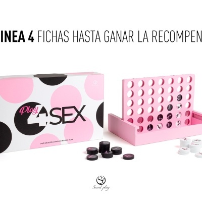 Jogo de tabuleiro rosa Play 4 SEX com peças pretas e brancas ilustradas.