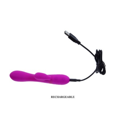 Vibrador roxo com cabo USB e texto RECHARGEABLE