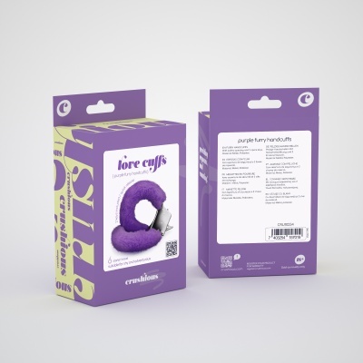 Caixa roxa de algemas com pelúcia roxa chamada love cuffs