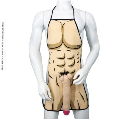 Avental com desenho de corpo masculino e pênis saliente em tecido