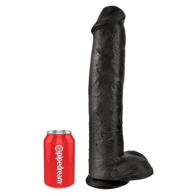 Dildo preto com ventosa e lata vermelha com texto Pipedream