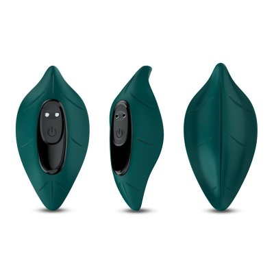 Dispositivos em forma de folha verde escuro com botão de ligar preto e LEDs brancos
