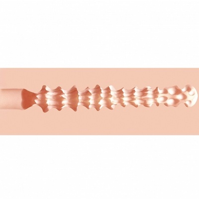 Objeto alongado cor de pele com textura ondulada e protuberâncias sobre fundo cor de pêssego.