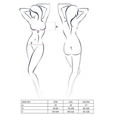 Desenho minimalista de silhueta feminina com tabela de medidas e tamanhos JADE SET.