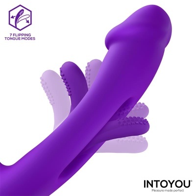 Vibrador roxo com textura e texto 7 FLIPPING TONGUE MODES