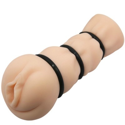 Produto anatómico em silicone cor pele com três anéis pretos em fundo branco