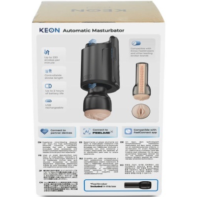 Embalagem do masturbador automático KEON preto e bege com textos e imagens explicativas