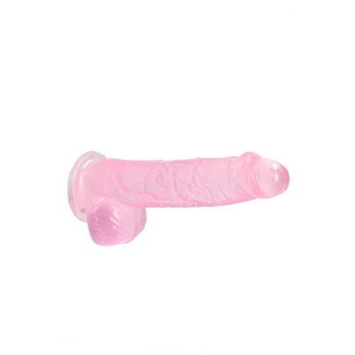 Dildo rosa translúcido com textura detalhada e base de ventosa sobre fundo branco