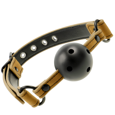 Colar ajustável com bola de gag preto e tiras castanhas com interior preto.