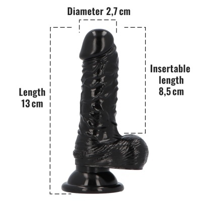 Dildo preto texturizado com base de sucção e medidas indicadas