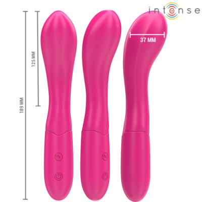 Vibrador rosa com medidas e botões de controle
