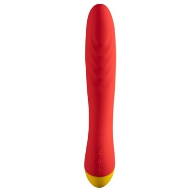 Vibrador vermelho com base amarela e textura ondulada