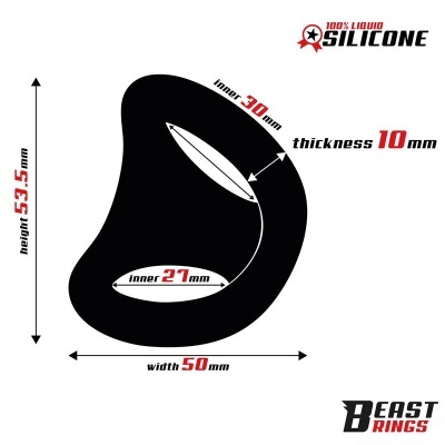 Desenho de anel preto com medidas em mm e texto sobre silicone líquido 100%