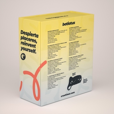Embalagem amarela de produto com informações sobre anel de proteção para pénis de silicone batiatus