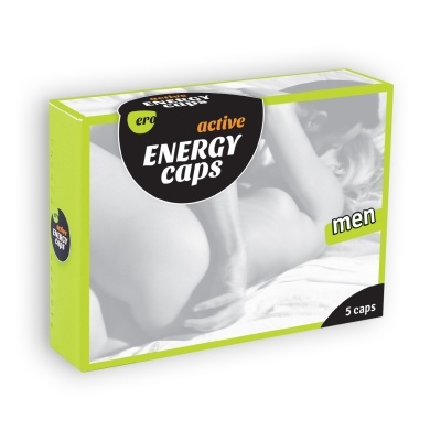 Embalagem de suplemento alimentar verde e preto com texto ACTIVE ENERGY CAPS, men, 5 caps e imagem desfocada de casal