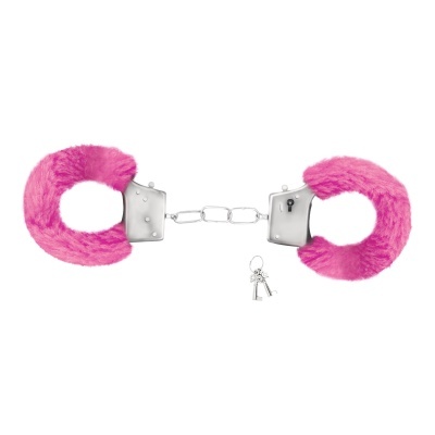 Algemas metálicas com revestimento de pelúcia cor-de-rosa e duas chaves pequenas.