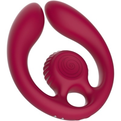 Dispositivo de silicone cor vinho com forma curvada e superfície lisa