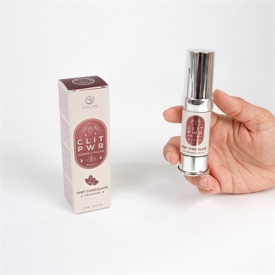 Bálsamo clitorial Mint Chocolate CLIT PWR em embalagem e frasco prateado