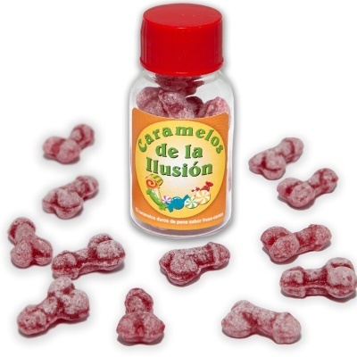 Frasco de caramelos em forma de pénis cor-de-rosa com tampa vermelha