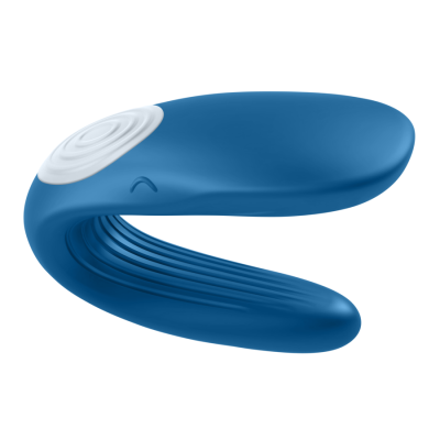 Dispositivo azul curvo com botão branco e superfície texturizada