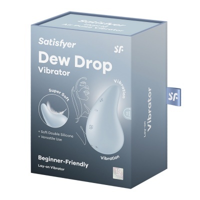 Caixa do vibrador Satisfyer Dew Drop azul com texto e imagem do produto.