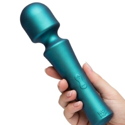Vibrador azul turquesa com botões de controlo e inscrição ROMP