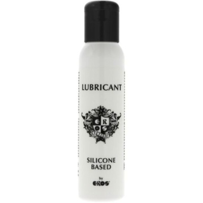 Frasco branco com tampa preta e texto preto LUBRICANT SILICONE BASED by EROS