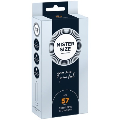 Embalagem de preservativos MISTER SIZE azul cinzenta com texto e indicação de tamanho 57.
