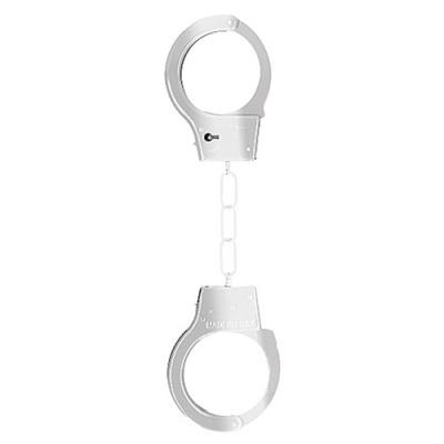 Algemas metálicas prateadas com corrente curta e texto POLICE HANDCUFFS