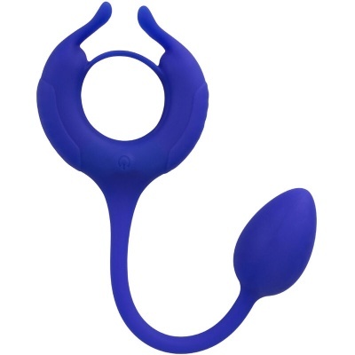 Dispositivo azul em silicone com formato circular, duas projeções e cabo com bulbo ovalado.
