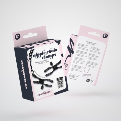 Caixa embalagem de clamps ajustáveis preta com corrente, embalagem rosa e preta com texto em fundo branco