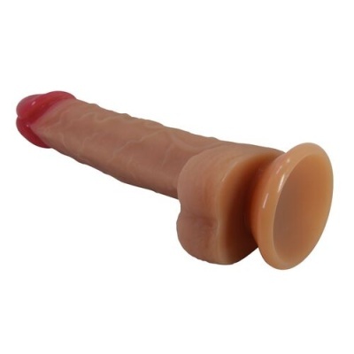 dildo silicone cor bege com ponta vermelha e base larga
