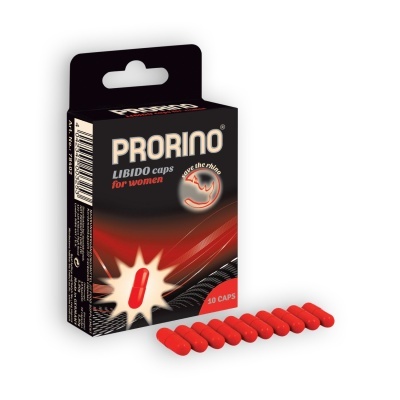 Embalagem de suplementos prorino com cápsulas vermelhas expostas