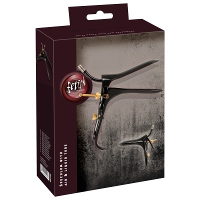 Embalagem de speculum preto com parafusos dourados da coleção Fetish