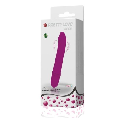 Caixa branca com vibrador roxo e texto PRETTY LOVE BECK, 10 funções de vibração, 100% silicone.