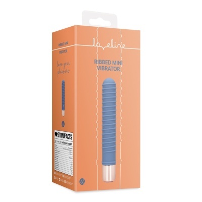 Embalagem laranja com vibrador azul nervurado e texto RIBBED MINI VIBRATOR
