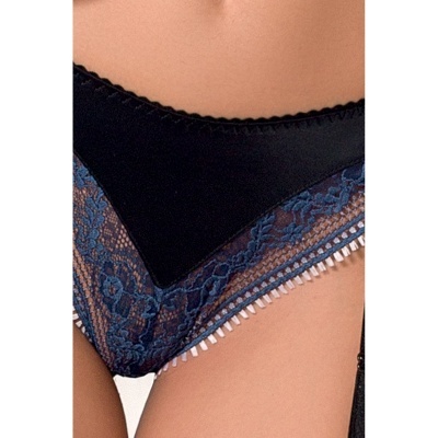 Cueca feminina preta com renda azul e acabamento branco.