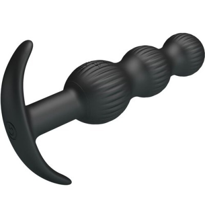 Plug anal preto com três esferas texturizadas e base em forma de asa