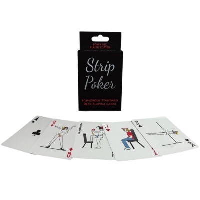 Baralho Strip Poker com cartas em plástico ilustradas e caixa preta.