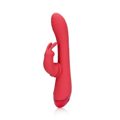 Vibrador vermelho de silicone com estimulador em forma de coelho