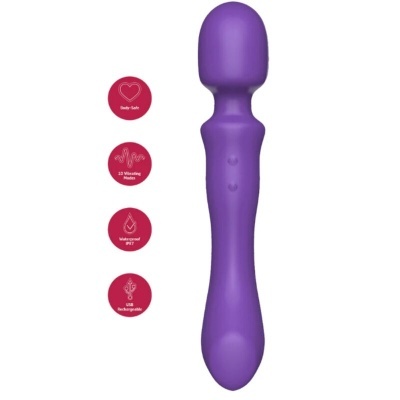 Vibrador massageador roxo ergonómico com comandos embutidos e ícones informativos