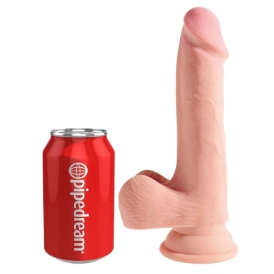 Dildo realista cor pele ao lado de uma lata vermelha com a marca pipedream