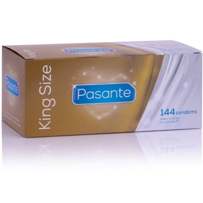 Caixa de preservativos Pasante King Size dourada e branca com 144 unidades